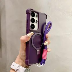 Armor Folding Magnetic Ring Stand Wrist Strap Shockproof Protective Phone Case - Galaxy S23 Ultra (Purple)