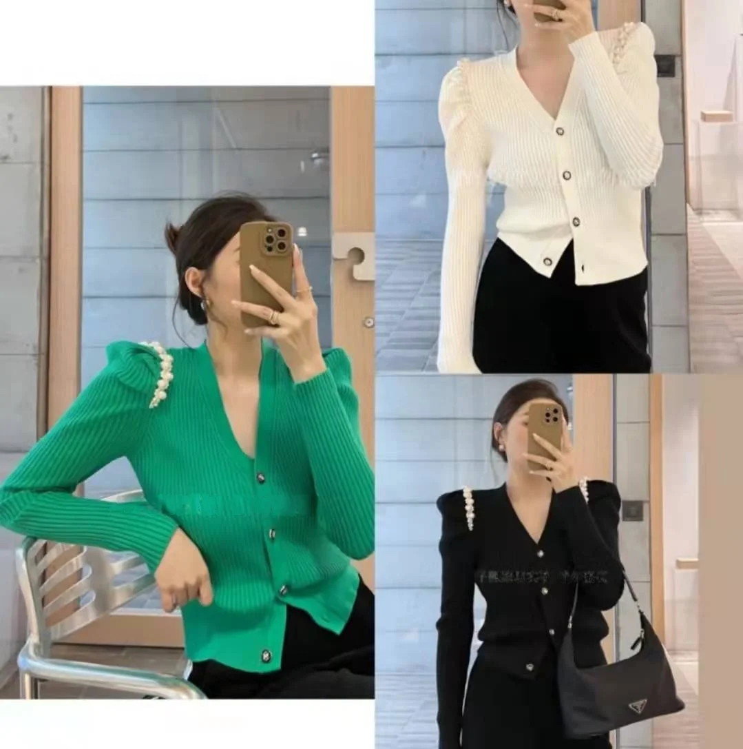 아보카도 그린 스웨터 니트 가디건 겉옷, 여성 가을 및 겨울 레트로 스트라이프 v넥 퍼프 슬리브, 고급 상의