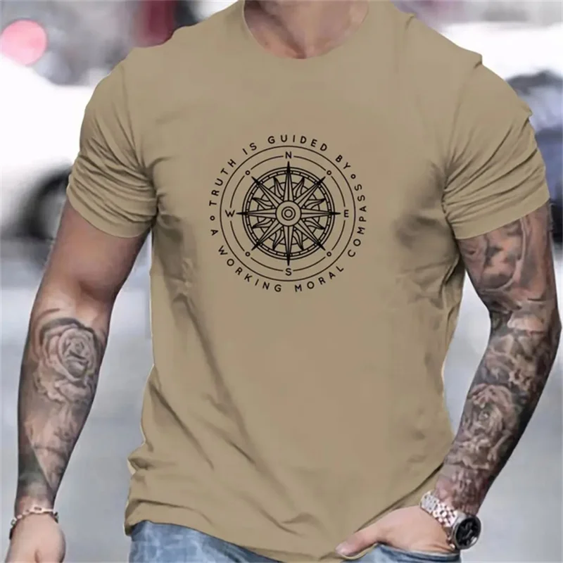 2024 New Men's T-shirt Compass Printed Comfortable and Breathable Pullover Summer Fashion Sports Leisure O-Neck Short Sleeve Top