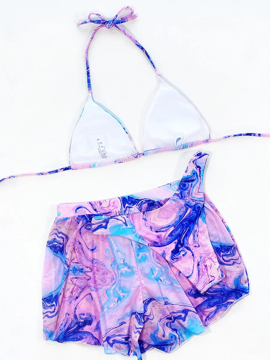 3PCS Tie Dye Halter Bikini Female Swimsuit Women Thong Swimwear Three-pieces Bikini set With Shorts Bather Bathing Suit Swim