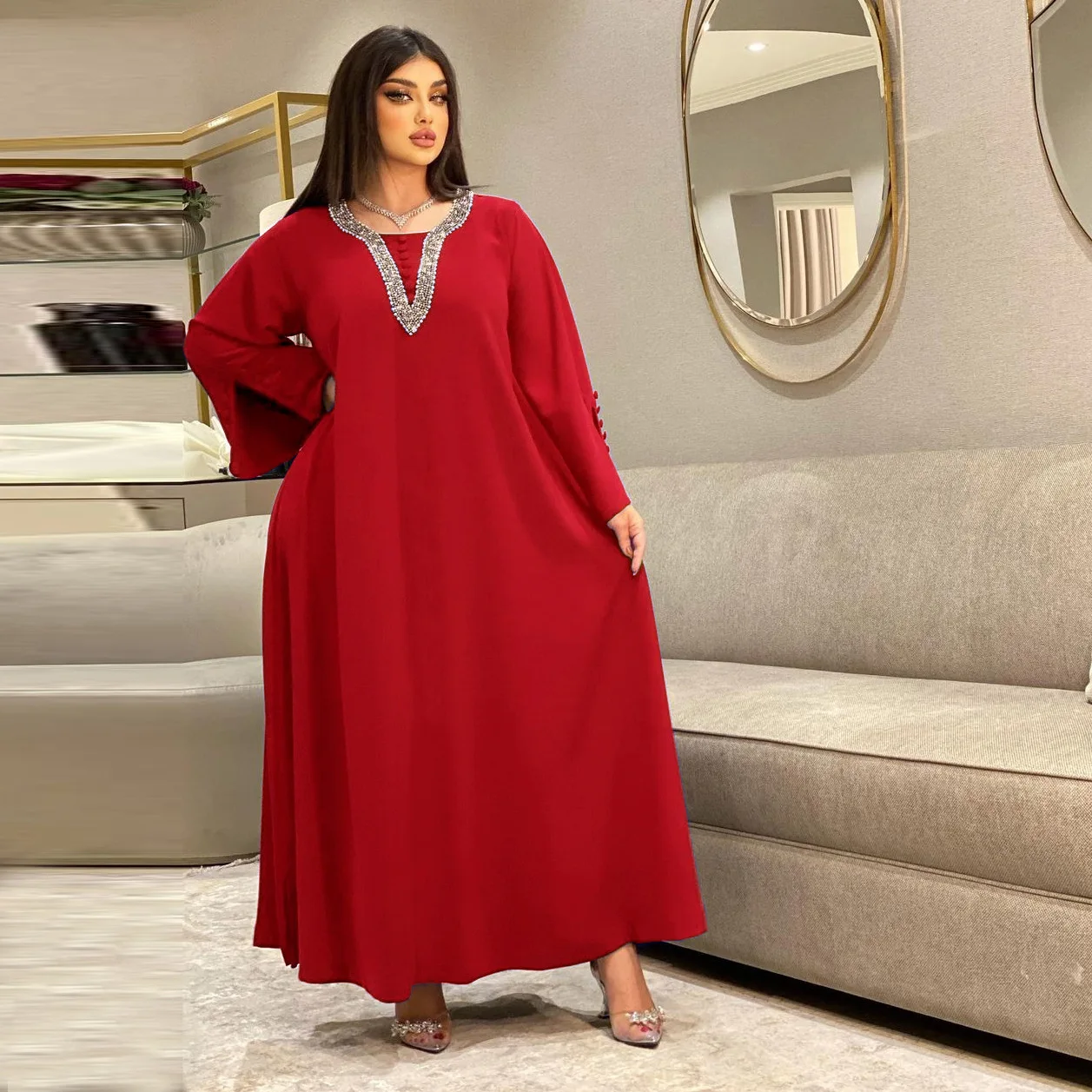 Muslim Woman Abaya Rhinestone Casual Loose Modest Dress Islam Oman Qatar Moroccan Kaftan Dubai Luxury Dresses For Prom