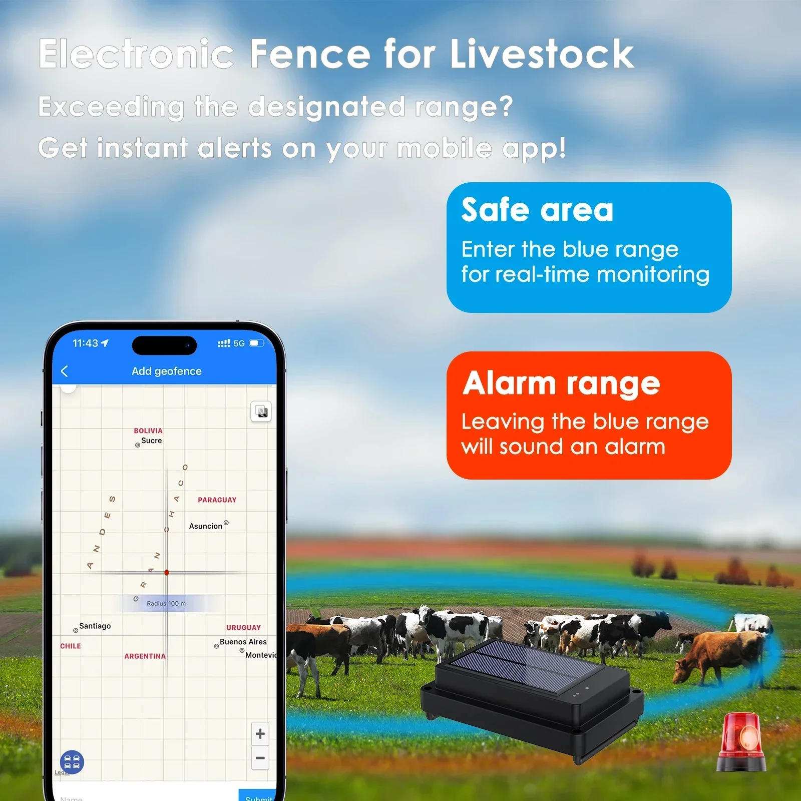 GPS Pet Locator Solar -Poweed Livestock GPS Tracker Readout 4G Anti-Lost Electronic Fence