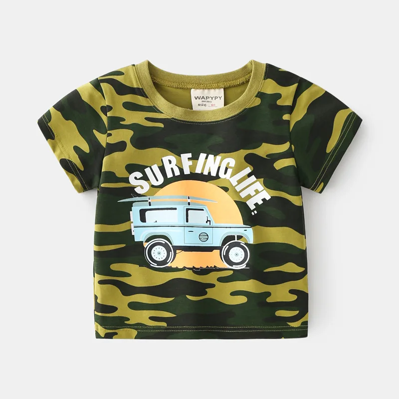 

Детская рубашка с коротким рукавом, Детская летняя одежда, оптовая продажа, камуфляжный топ с круглым вырезом для мальчиков, пуловер с принтом для малышей