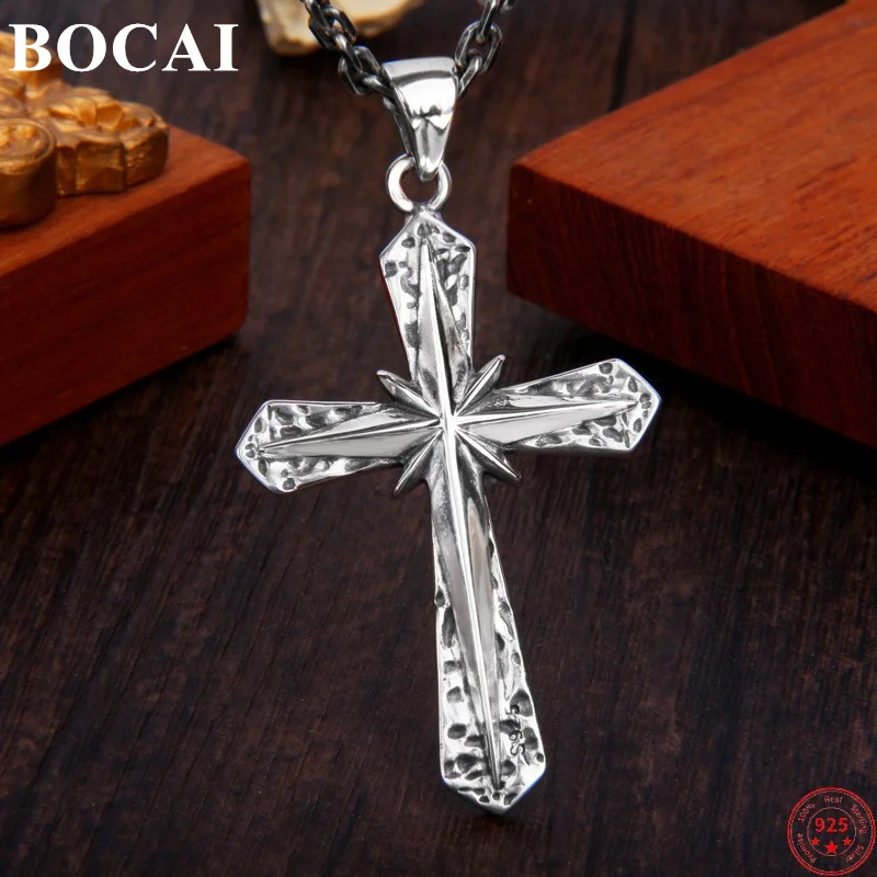

BOCAI S925 Sterling Silver Pendants for Men Women New Fashion Irregular Surface Six-pointed Stars Cross Argentum Amulet