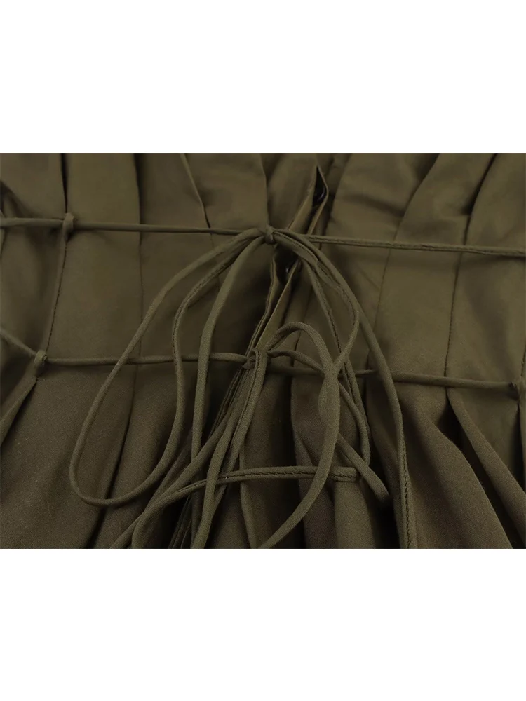 TFMLN 2025 New Women Pleated V Neck Midi Dress Elegant Short Raglan Sleeves Lace Up Slimming Dress Women Fashion Button Outfit