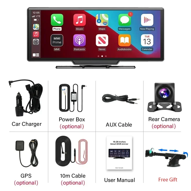 Dash Cam 4K Car Mirror Video Player Wireless Carplay Android Auto Car Monitor Multimedia GPS Rearview Camera Dashboard 10.26"