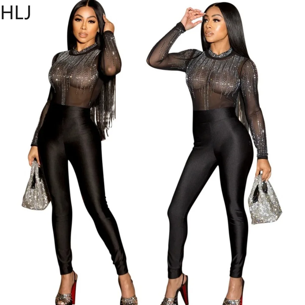 HLJ Black Fashion Mesh Perspective Rhinestones Nightclub Jumpsuits Women O Neck Long Sleeve Skinny Pants Playsuit Femlae Overall