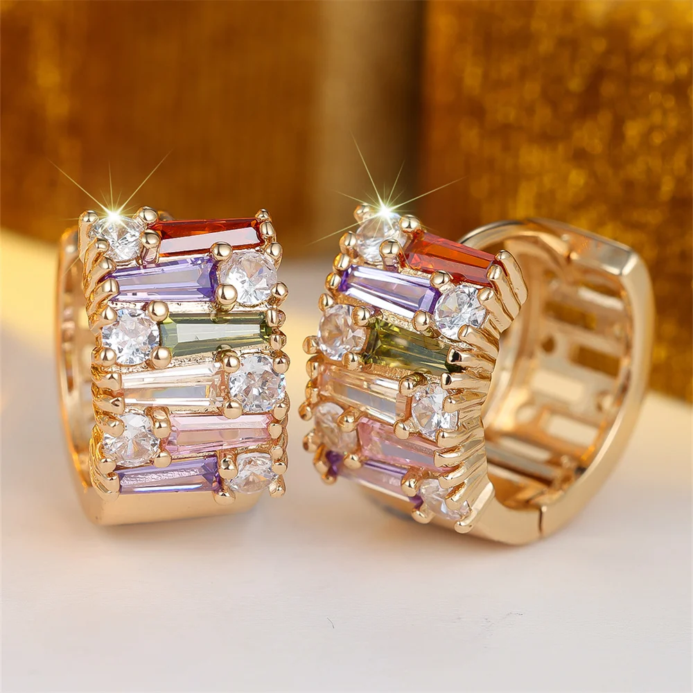Multicolor Zircon Rainbow Small Stone Round Hoop Earrings For Women Vintage Gold Color Ear Buckle Wedding Jewelry Valentine Gift