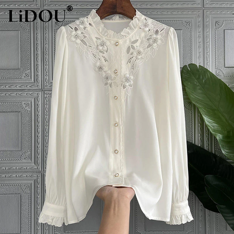 Spring Autumn Ruffles Stand Collar Embroidery Hollow Out Elegant Fashion Shirt Female All-match Blouse Femme Cardigan Top Women