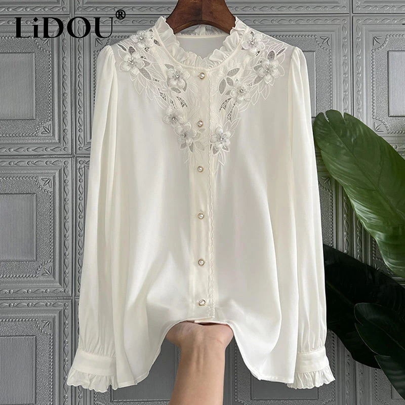 

Spring Autumn Ruffles Stand Collar Embroidery Hollow Out Elegant Fashion Shirt Female All-match Blouse Femme Cardigan Top Women