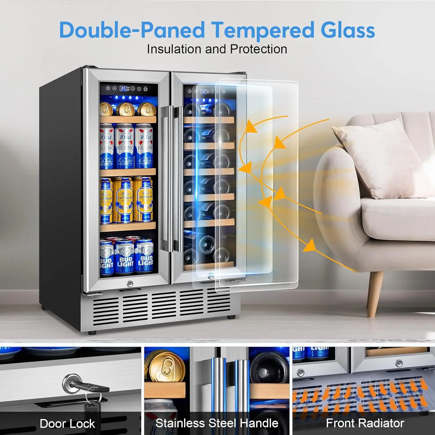 Wine and Beverage Refrigerator with Glass Door, 24-Inch Dual Zone Wine Fridge Under Counter - 18 Bottle and 65 Can Large Capacit 4