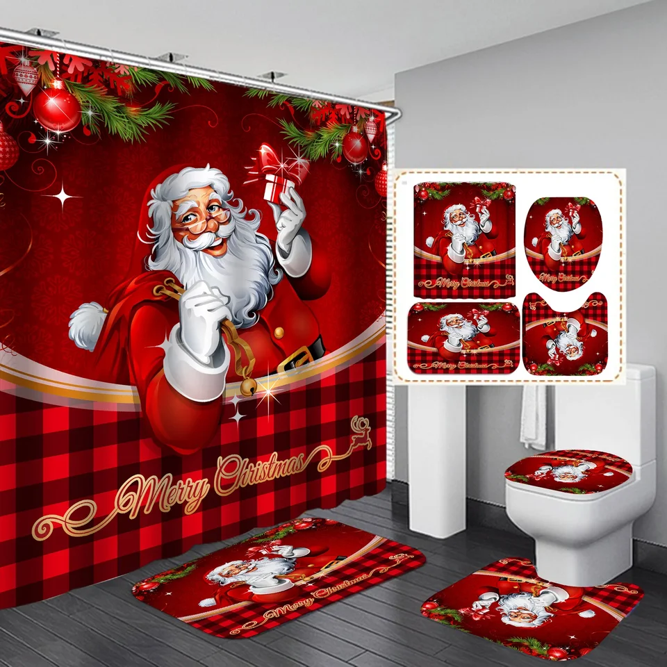 Navidad Merry Christmas Decor Shower Curtain Santa Elk Christmas Waterproof Polyester Bath Curtain New Year Bedroom Curtains shower curtains
