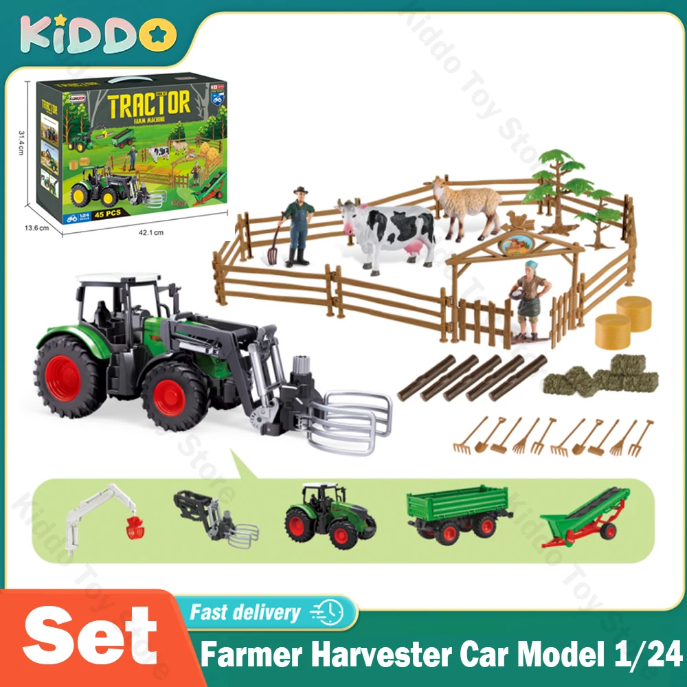 Farmer Harvester Car Model 1/24 Engineering Car Tractor Toy Model Scorrevole Farm Vehicle Car Diecast Simulation Toys For Boy Gifts