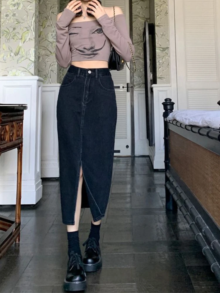 Skirts Women Denim Retro Washed Ulzzang High Waist Streetwear Vintage All-match Front-slit Design Chic Female Student Mid-calf