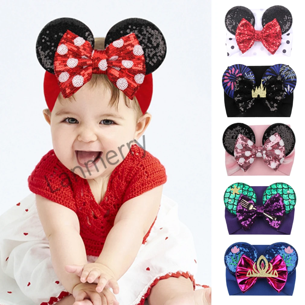 Baby Girls Sequin Headband Minnie Mouse Ears Hairband Bow Knot Turban Head wrap 