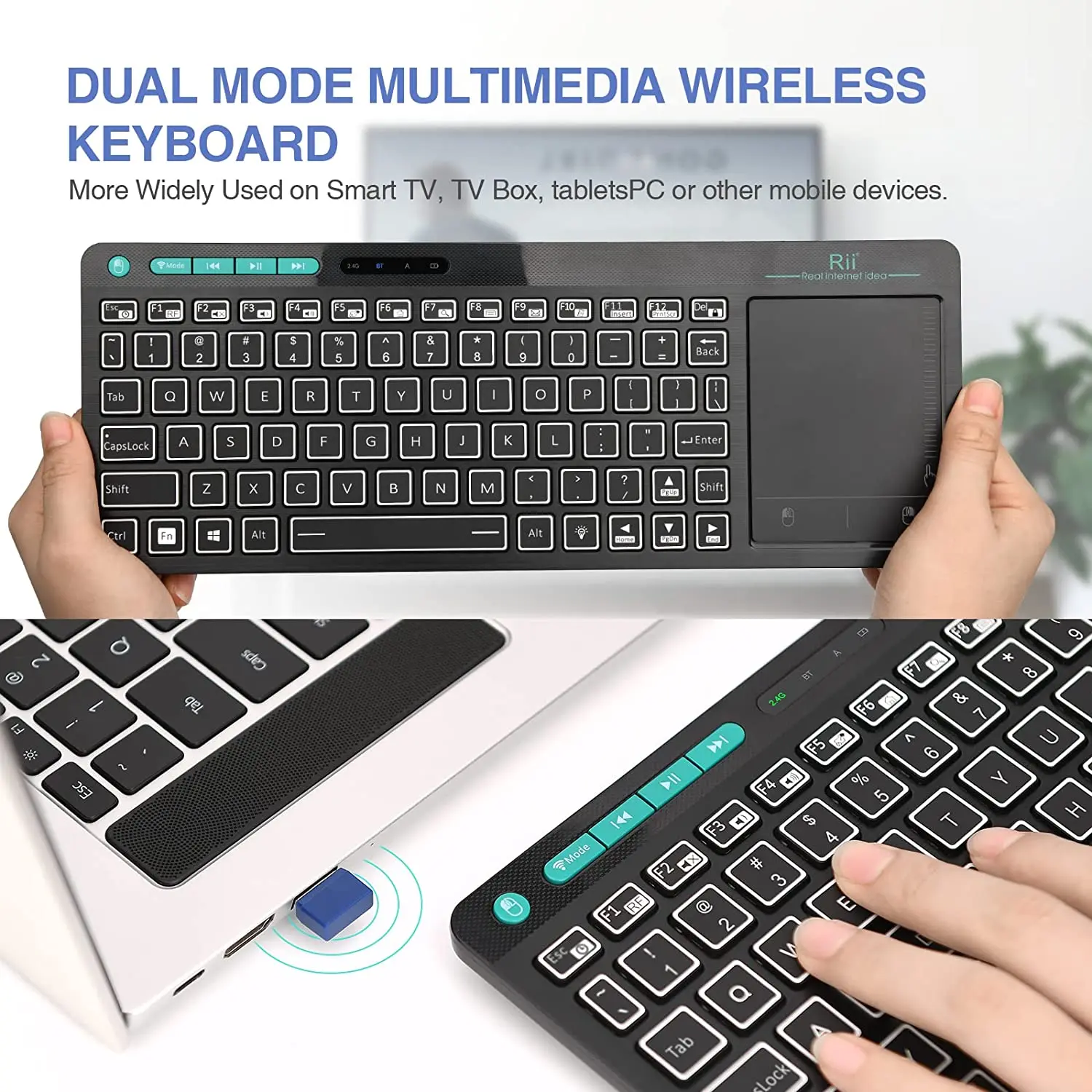 Rii Rt518s Mini Bluetooth sem Fio 2-led Cor Backlit Teclado Multimídia Mouse Rechargable Teclado para Android Caixa de tv pc - Imagem 6
