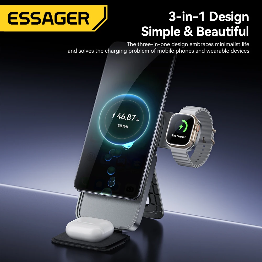 Essager 3 in 1 Folding Portable 15W Magnetic Wireless Charger Stand For iPhone16 15 Airpods Apple Watch For MagSafe Fast Charger