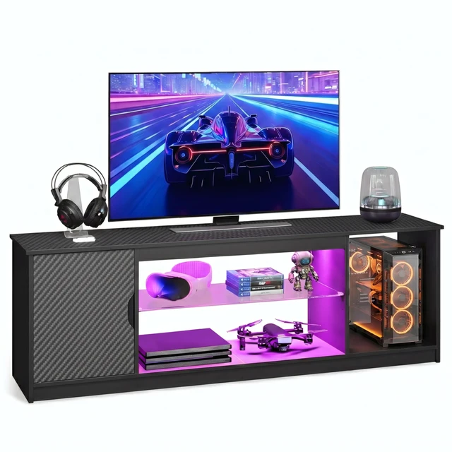 57" LED TV Stand for 55/60/65 Inch TVs - Gaming Entertainment Center with RGB Lights, Adjustable Glass Shelves & Cabinet for PS5