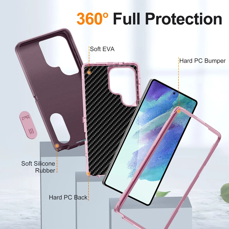 ELVEV Luxury Soft Silicone + Hard PC Bumper Case with Camera Protection and Built-in Stand