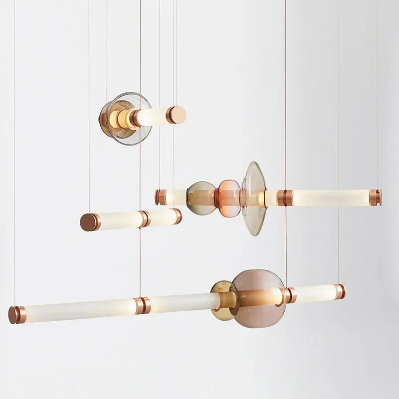 Nordic French Modern Light Luxury Chandelier Staircase Restaurant Bedroom Room Decoration LED Colored Glass Tube Pendant Lights