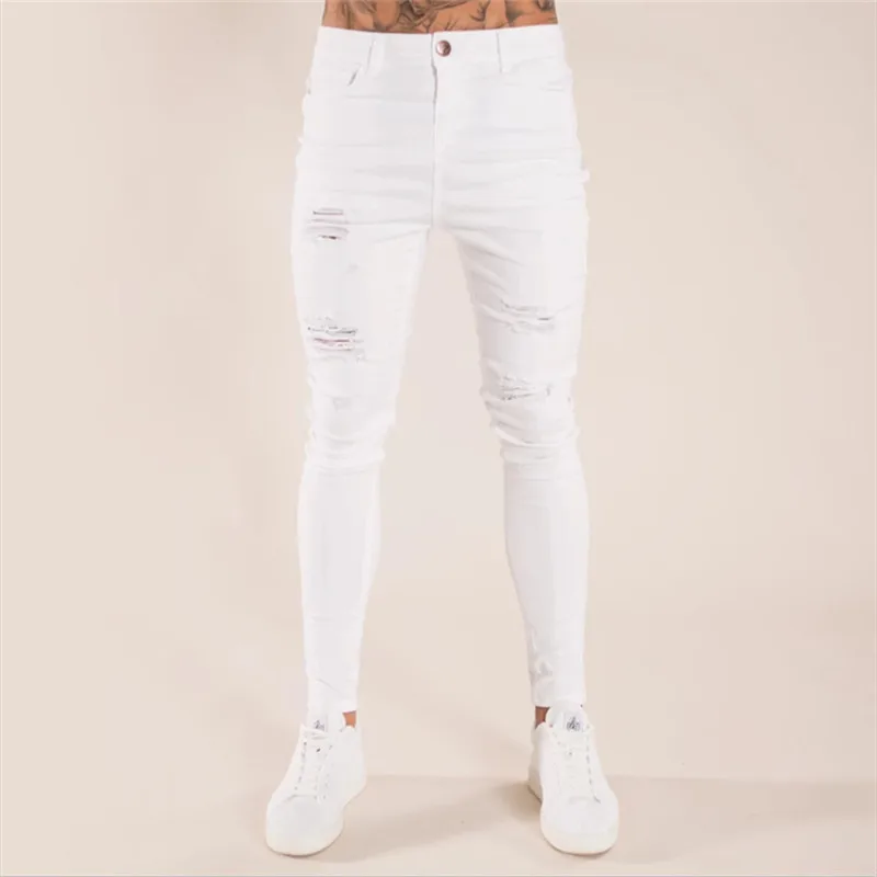 

Y2K Men's Hole White Pencil Pants Mens New Stretchy Ripped Skinny Stretch Jeans Slim Fit High Quality Hip Hop Men Denim Trousers