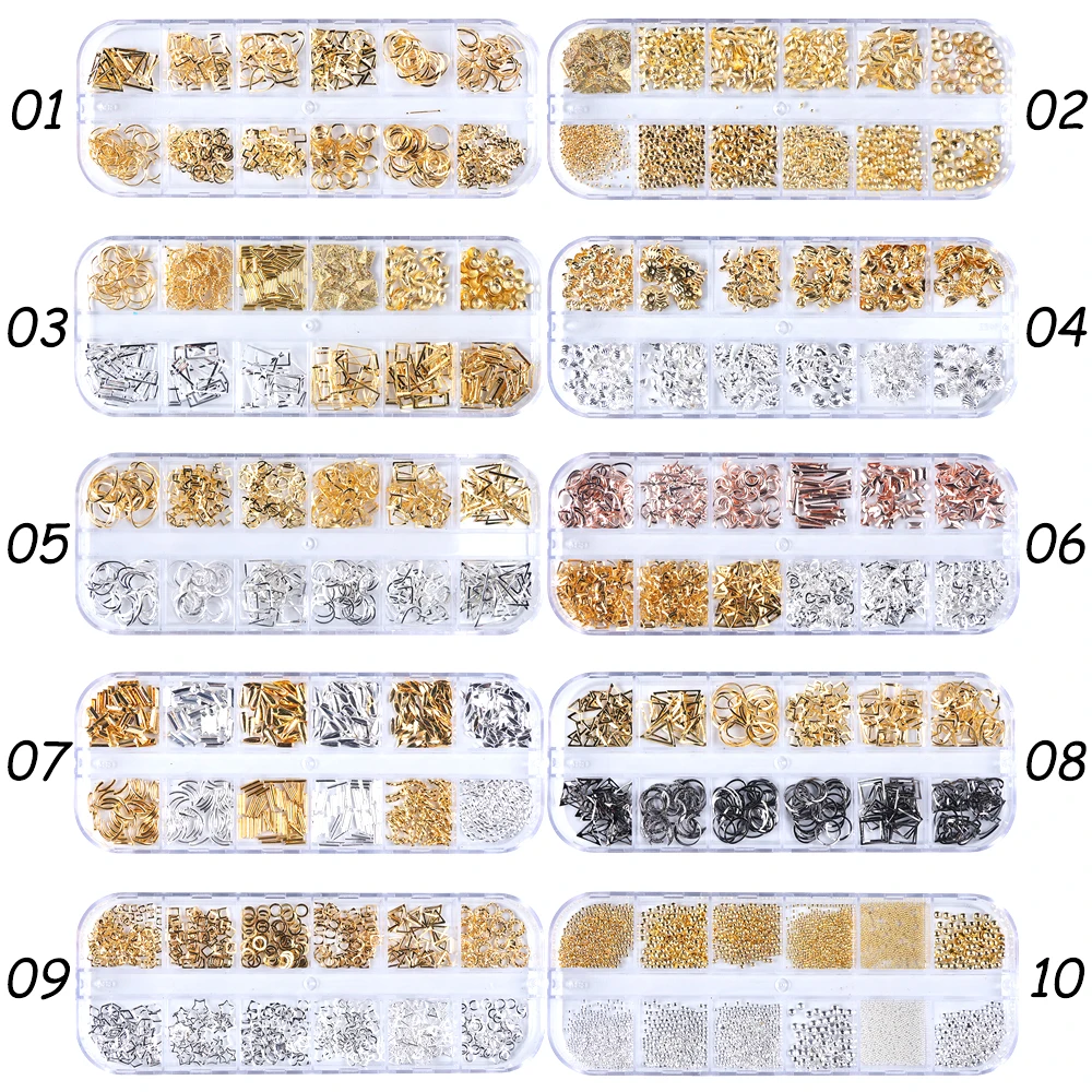 12 Gitter Gold Nail Art Legierung Nieten Meer 3D Dekorationen Muschel Stern Nagel Charm Metallrahmen Nieten Nagel Pailletten Zubehör – Detail 11