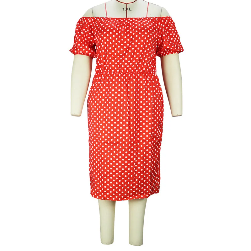 Spring Summer Bohemian Polka Dot Printing Sexy One Word Collar Puff Three Quarter Sleeve Plus Size Mid-calf Dress for Women