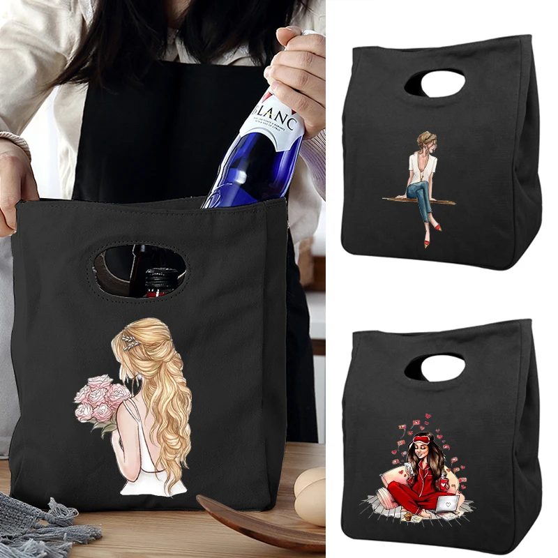 Lunch Bag Fashion Girl Print Canvas Lunch Box Picnic Tote Small Handbag Pouch Dinner Container Food Storage Bags for Office Lady