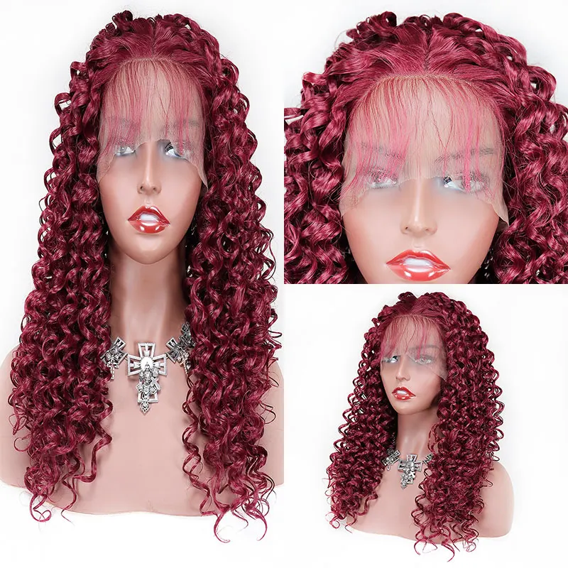 

Bombshell Wine Red Kinky Curly Synthetic Lace Front Wigs Glueless High Quality Heat Resistant Fiber With Baby Hair For Women