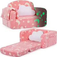 2-in-1 Glow in Dark Kids Sofa with Blanket & Pillow, Foldable Toddler Couch for Girls Boys, Medium Pink
