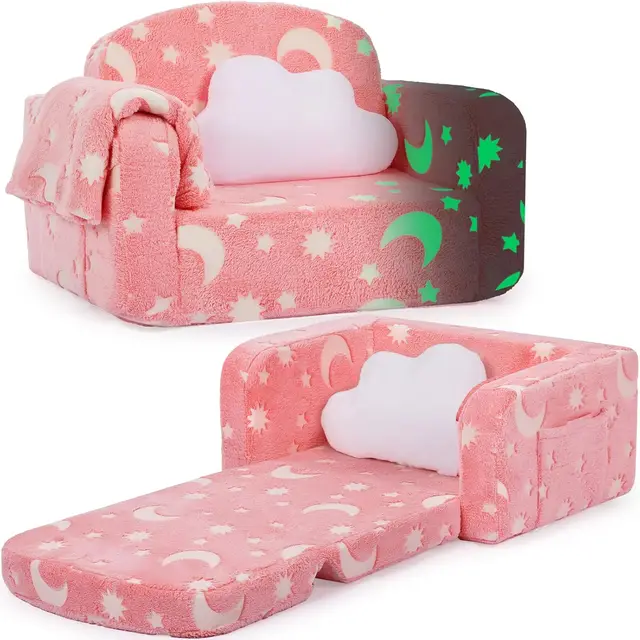 2-in-1 Glow in Dark Kids Sofa with Blanket & Pillow, Foldable Toddler Couch for Girls Boys, Medium Pink