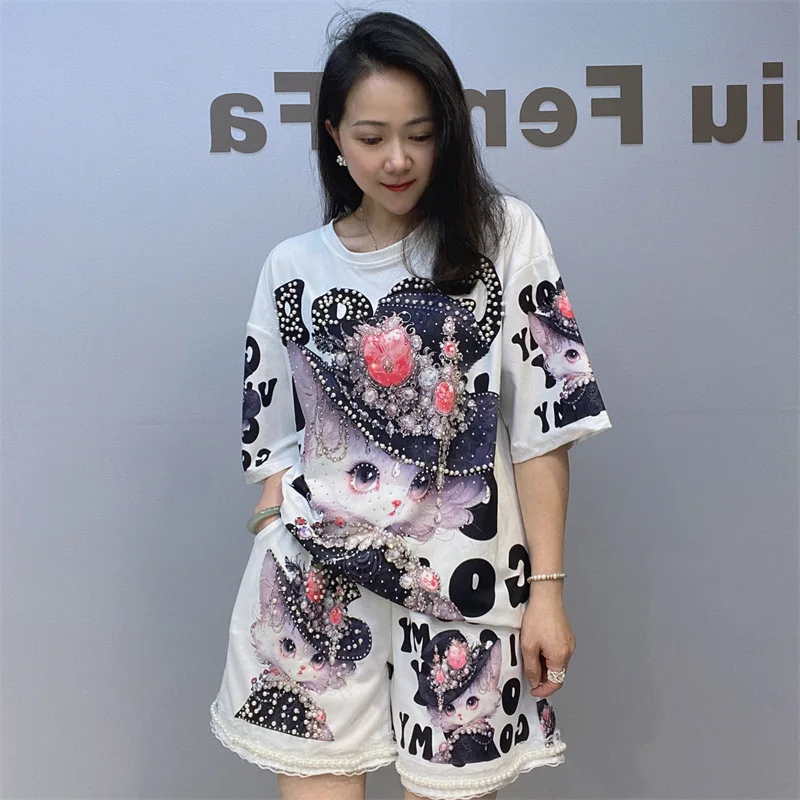 

Cartoon Printed Short Sets Women Summer Clothes Loose Tracksuit Casual Knitting Diamonds Beading Two Piece Sets Womens Outifits