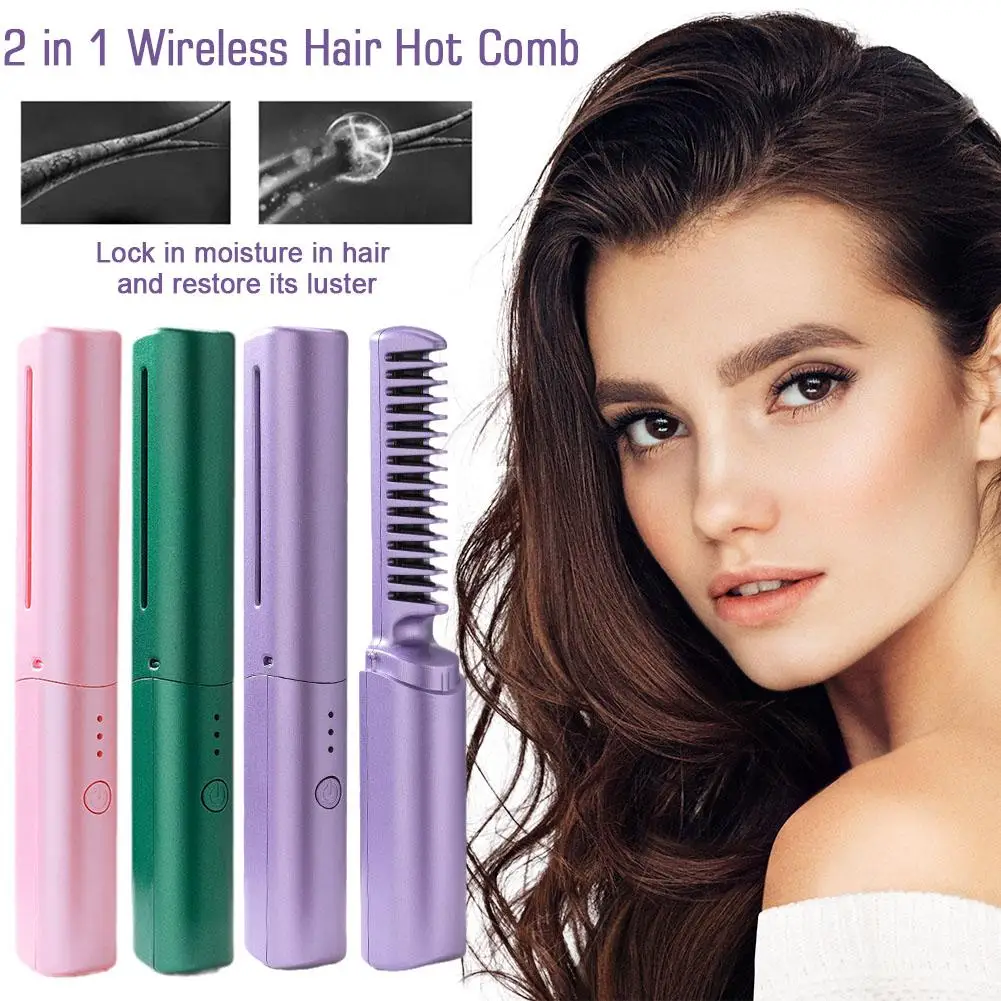 2 In 1 Wireless Hair Hot Comb Mini Usb Charging Straightener Ion Fast Care Portable Hair Tools Hair Styling Negative Heatin U0N2 1600mah 5v 15w 8w portable wireless mini cordless rechargeable usb battery powered charging welding tool soldering iron pen