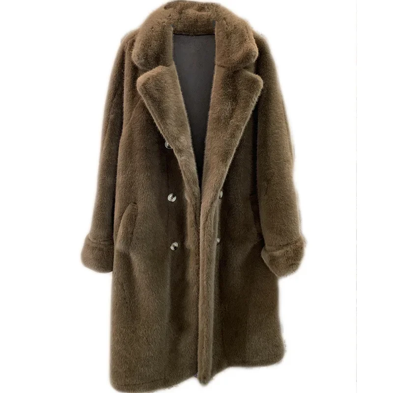 2022 New Imitation Mink Fur Fur Coat European Mink Velvet Extended Classic Double-breasted Coat To Keep Warm and Thin