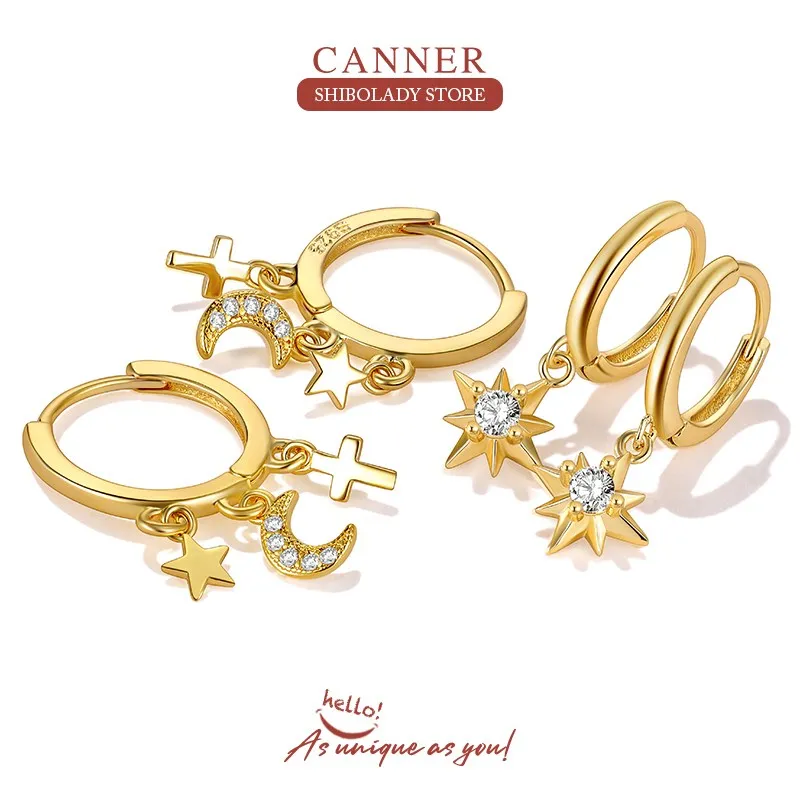 

CANNER 925 Sterling Silver Plated Gold Crystal Five-pointed Star Earrings Women Simple Pendientes Wedding Jewelry 2023 Trending