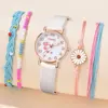 Gaiety 5PCS/Set Fashion Casual Women's Watch Pu Belt Quartz Watch Four Heart Dial Watch Daisy Bracelet Set Girl's Gift 1