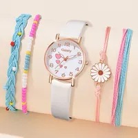 Gaiety 5PCS/Set Fashion Casual Women's Watch Pu Belt Quartz Watch Four Heart Dial Watch Daisy Bracelet Set Girl's Gift 1