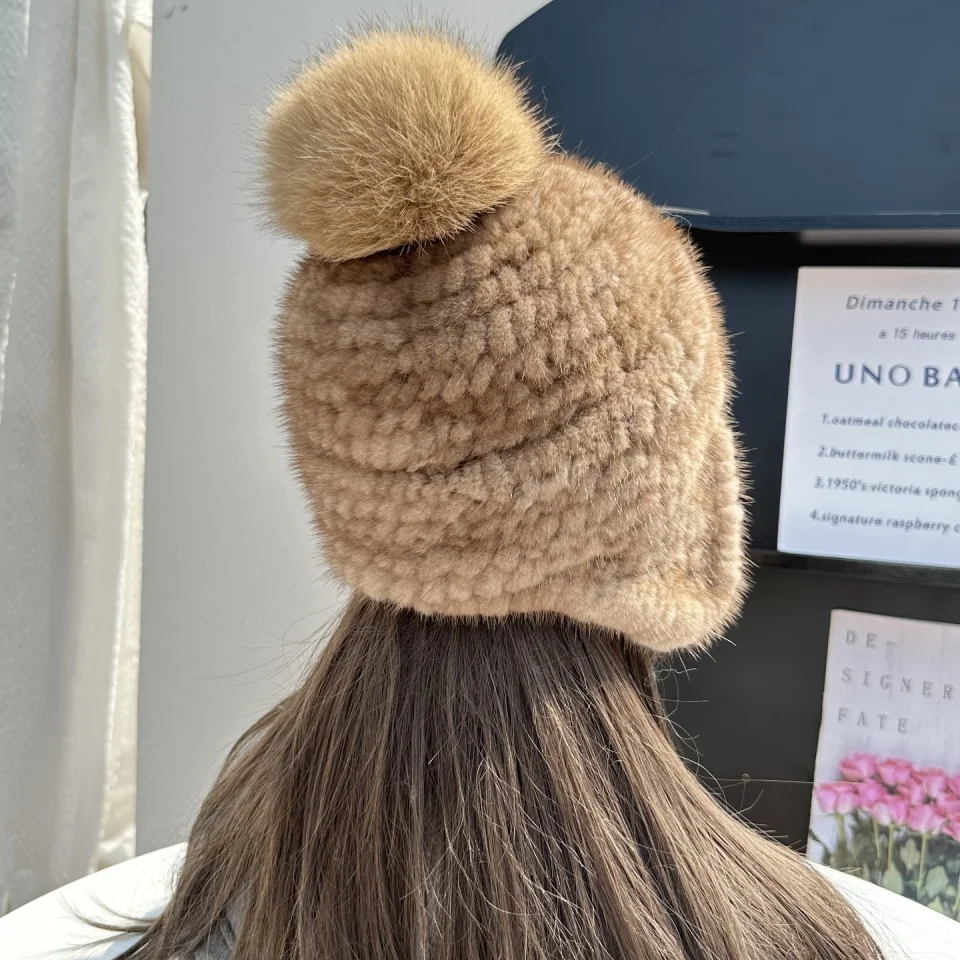 Neue Winter Damen Echt Nerz Pelz Hut Warme Verdickte Ohr Schutz Gestrickte Kappe Damen Winter Mode Zubehör – Detail 23