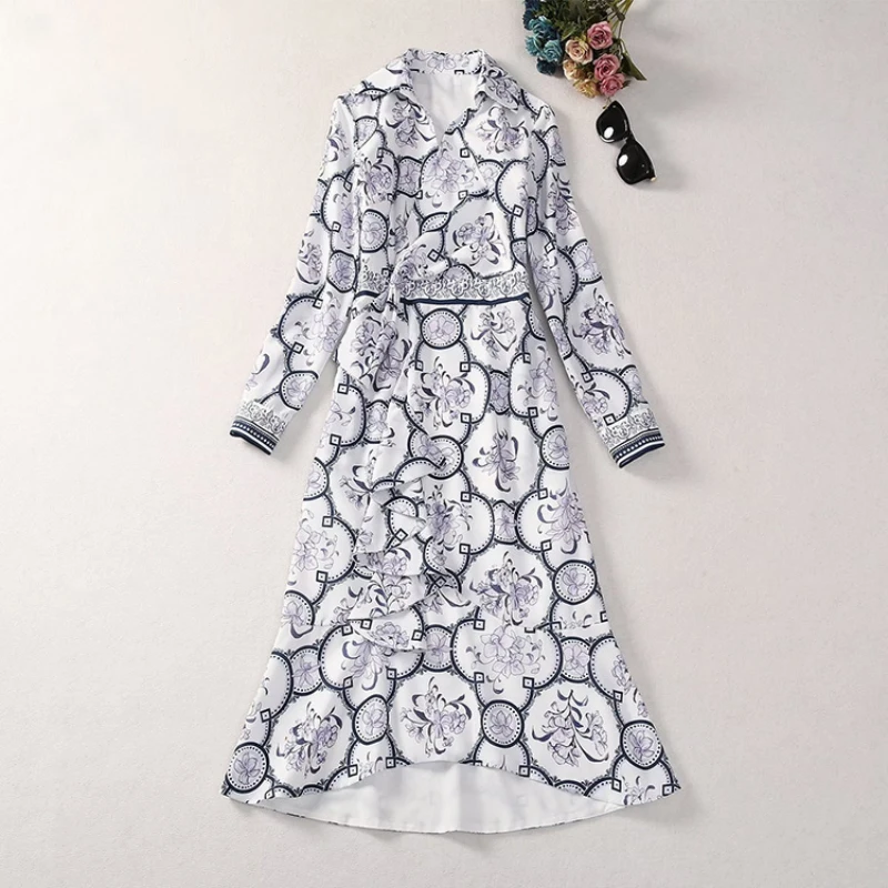 

Long Sleeved Printed Dress For Women 2023 Autumn Turn Down Collar Slimming High Waist A-Line Ruffles Irregular Ladies Clothes