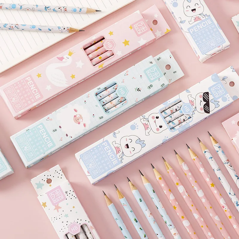 6pc/10pc Set Kawaii HB Cartoon Pencil With Erasers Student Stationery Lapices канцелярия Wooden Drawing Pencils Art Supplies