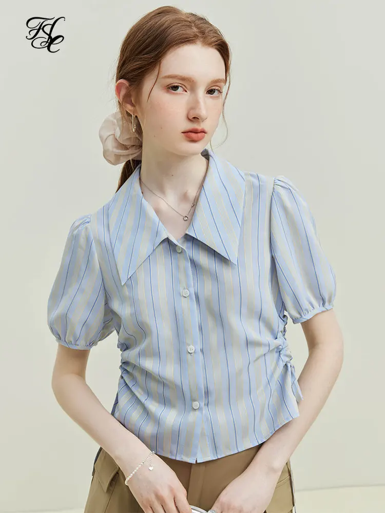 FSLEYellowBlueStripeWomenShortSleeveBlousesFemaleSummerNewWaistHollowShortTops