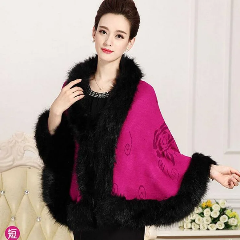 

Autumn Winter New Female Cloak Imitation Fox Fur Cloak Cape Imitation Wool Collar Ponchos Women Capes Purple