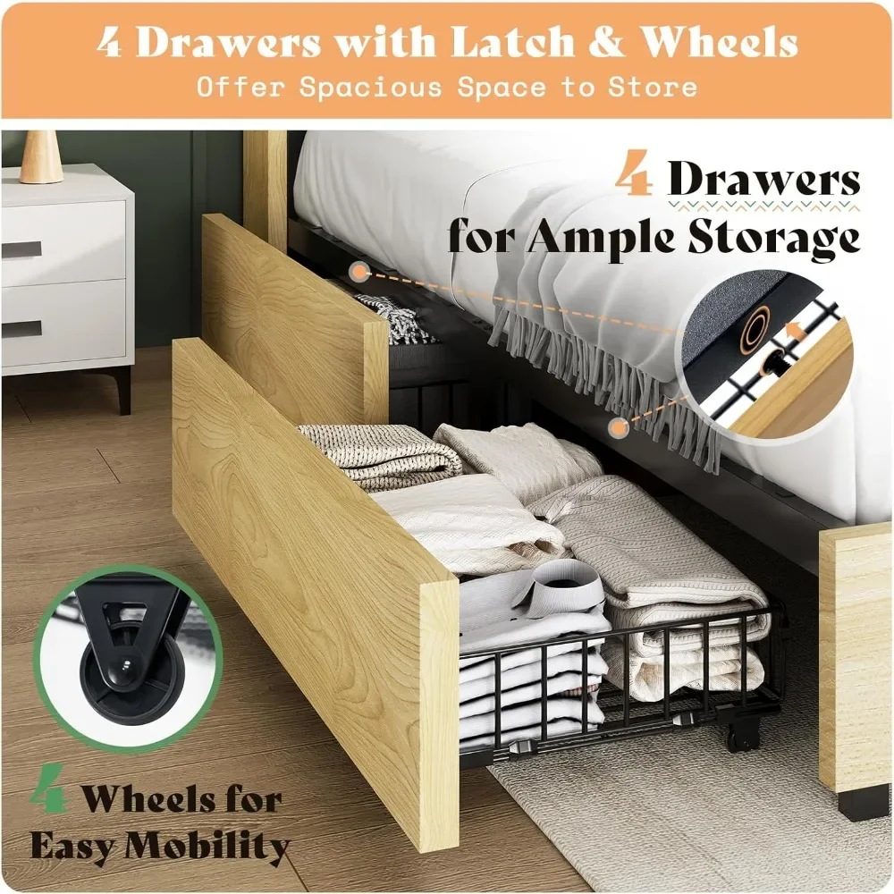 Bed Frame Full Size 4 Storage Drawers,Upholstered Bed Frame 47.2" Bookcase Headboard,Charging Station/No Box Spring Needed/Maple 4