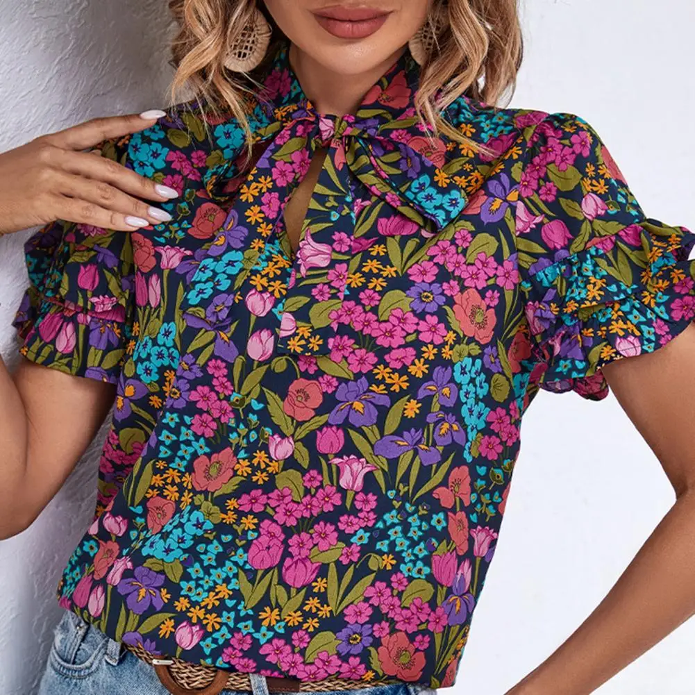 

Ethnic Print Shirt Ethnic Style Floral Print Women's Summer Shirt with Stand Collar Ruffle Short Sleeve Loose Fit Pullover for A