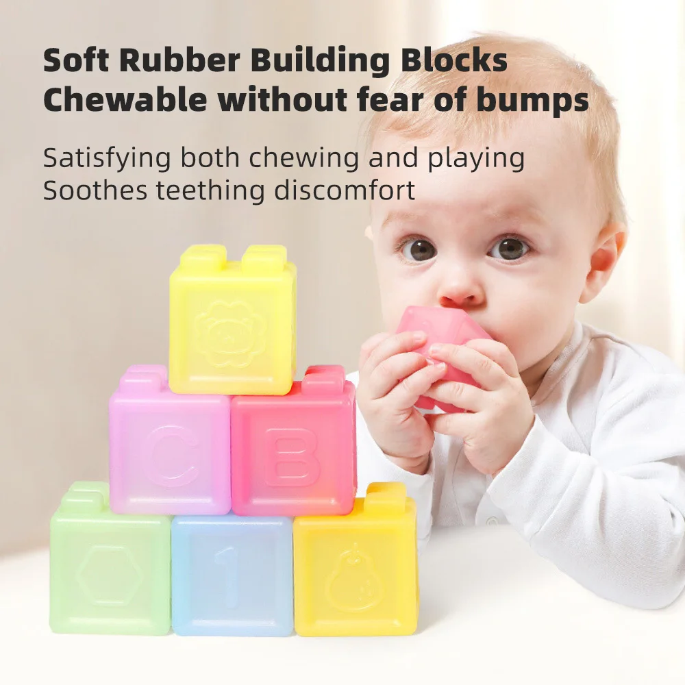 Educational Silicone Building Blocks Chewable Baby Toy Soft Rubber Blocks Storage Box For Kids Over 18 Months
