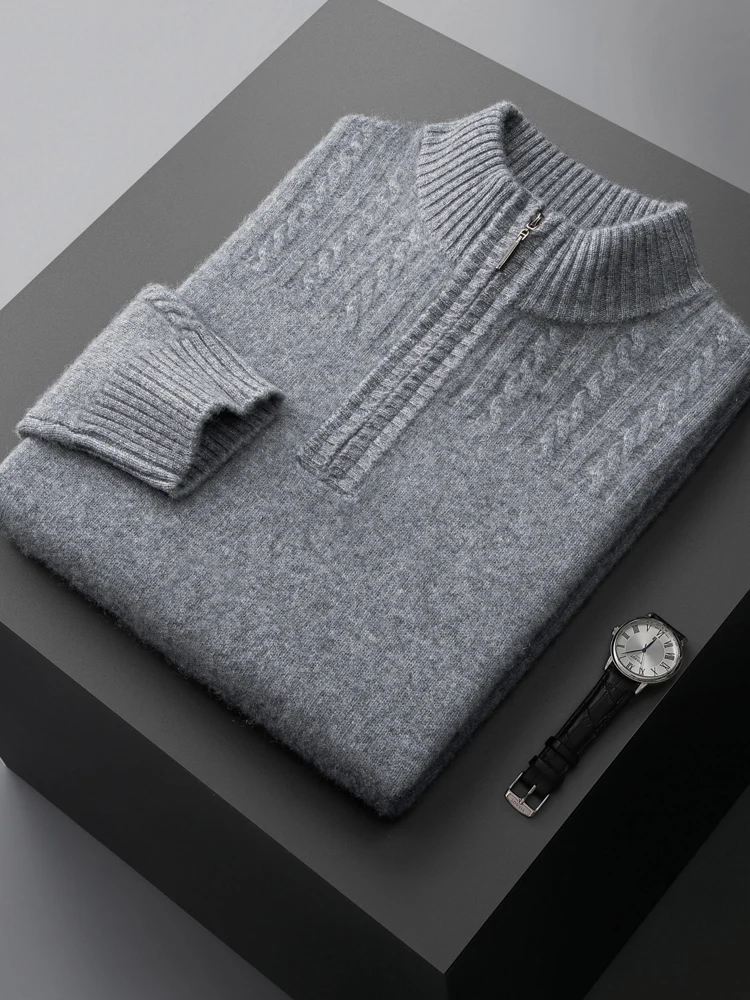 Autumn Winter Men's Clothing Zipper Half High Neck Pullover 100% Pure Cashmere Knitwear Sweater Twist Thick Tops New Feshion