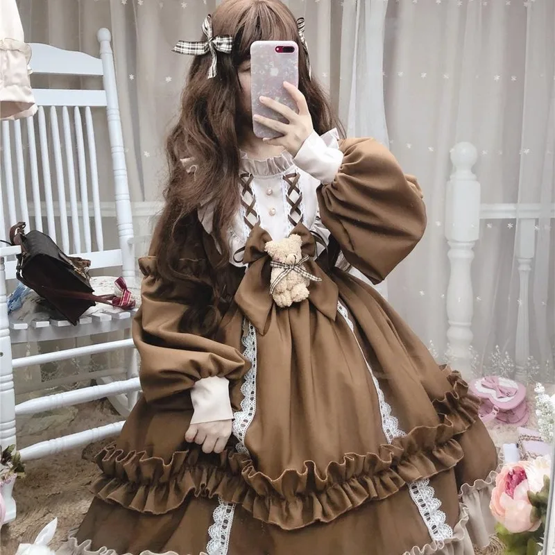 Japanese Gothic Lolita Dress Women Kawaii Bow Bear Lace Blue Dress Long Sleeve Princess Tea Party Costume Gift For Girls