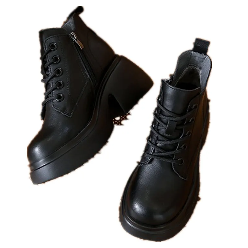 2024 NEW Fashion Casual Round-toe women's boots lace-up thick-soled boots women's handmade shoes retro women's shoes thick heels