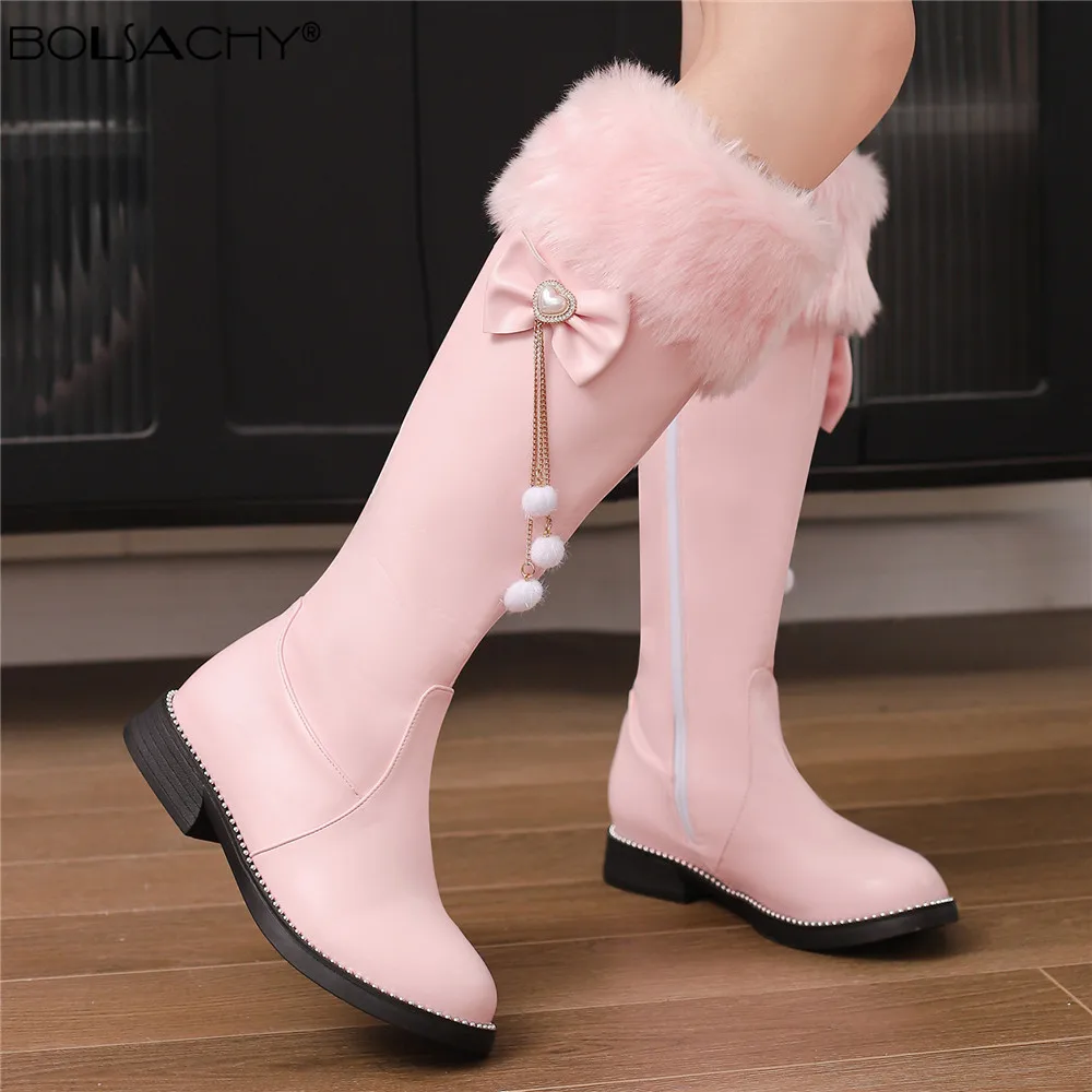 2025 New Women Boots Autumn Winter Girls Booties Faux Fur Knee-High Low-Heel Short Boots Side Zippe Bow Botas Mujer Shoes 31-43