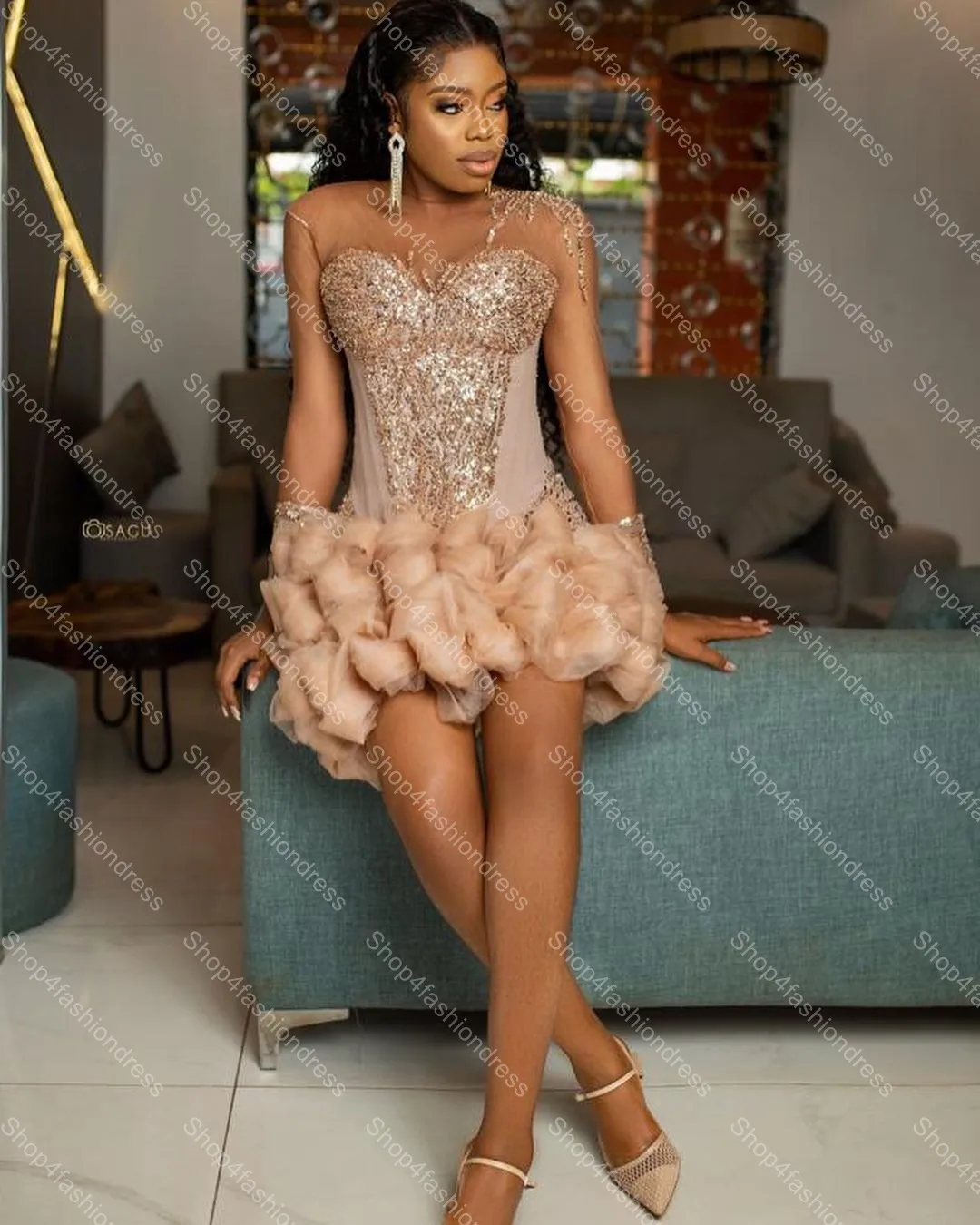 Women Mini Dresses Glitter Champagne Sequins Tulle Africa Cocktail Dress See Thru Illusion Ruffles Mesh Short Formal Party Gowns Aso Ebi Prom